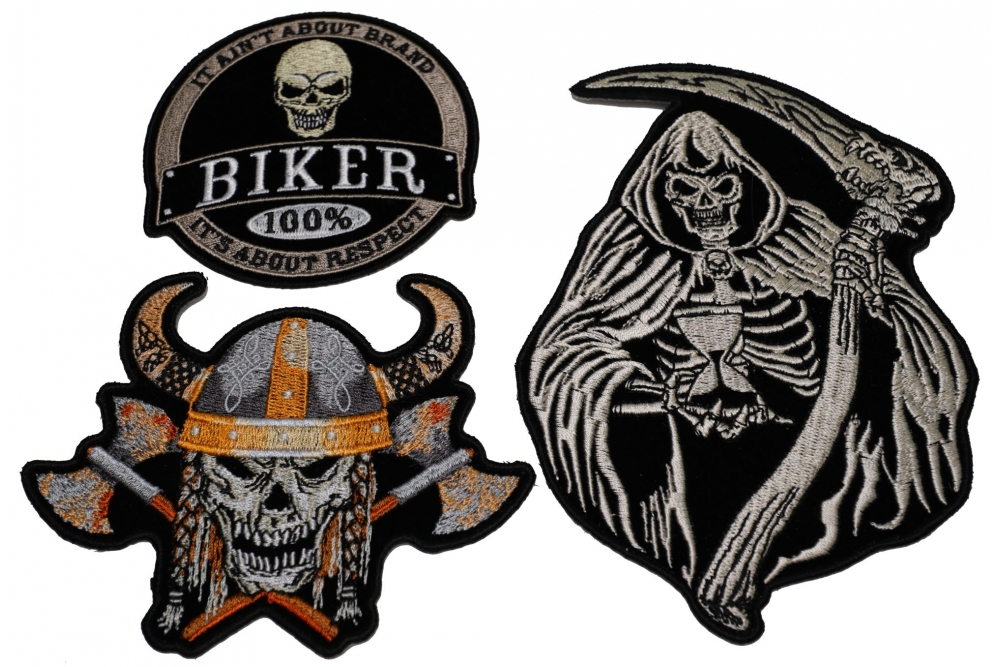 Set of 3 Skulls Patches Viking Biker and Grim Reaper