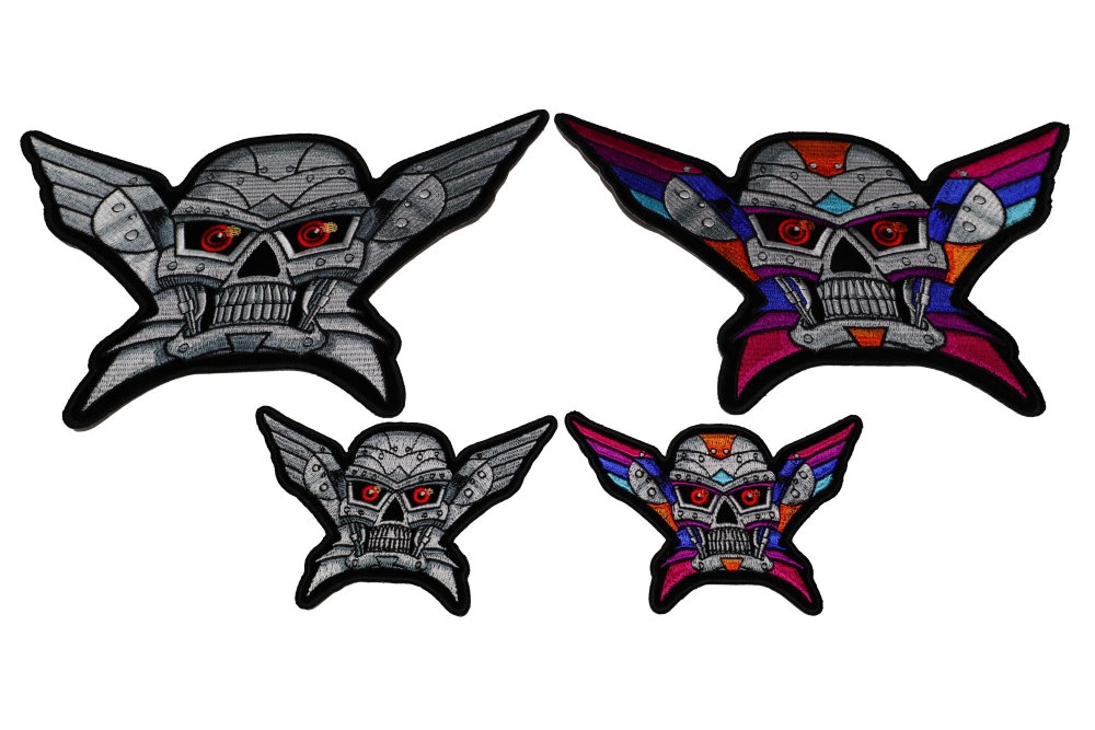 Set of 4 Small and Large Colorful and Silver Robot Skull Patches