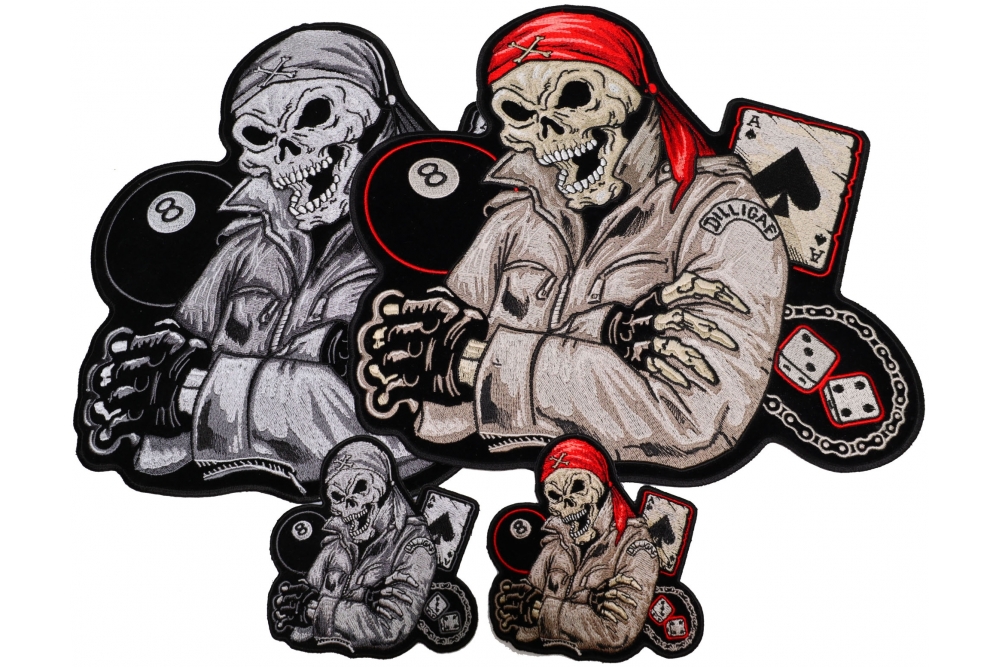 Set of 4 Small Large Color and Gray Biker Skull Patches