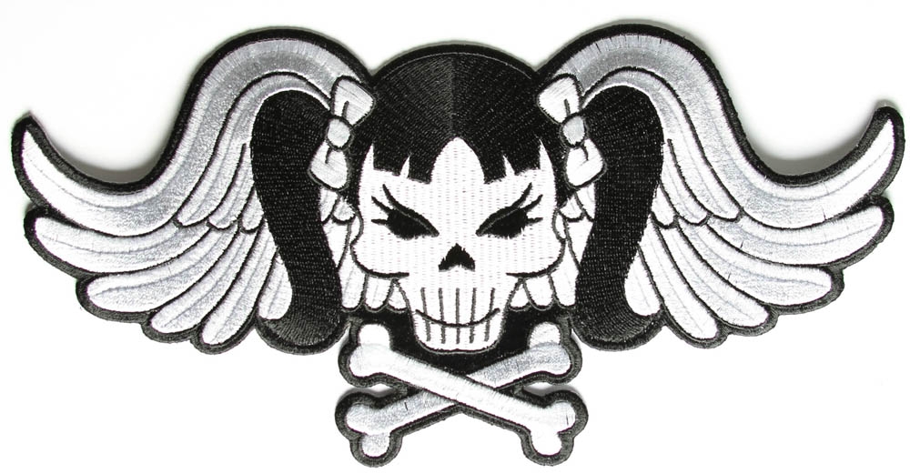 Pigtails Bow Skull and Wings Large White Patch