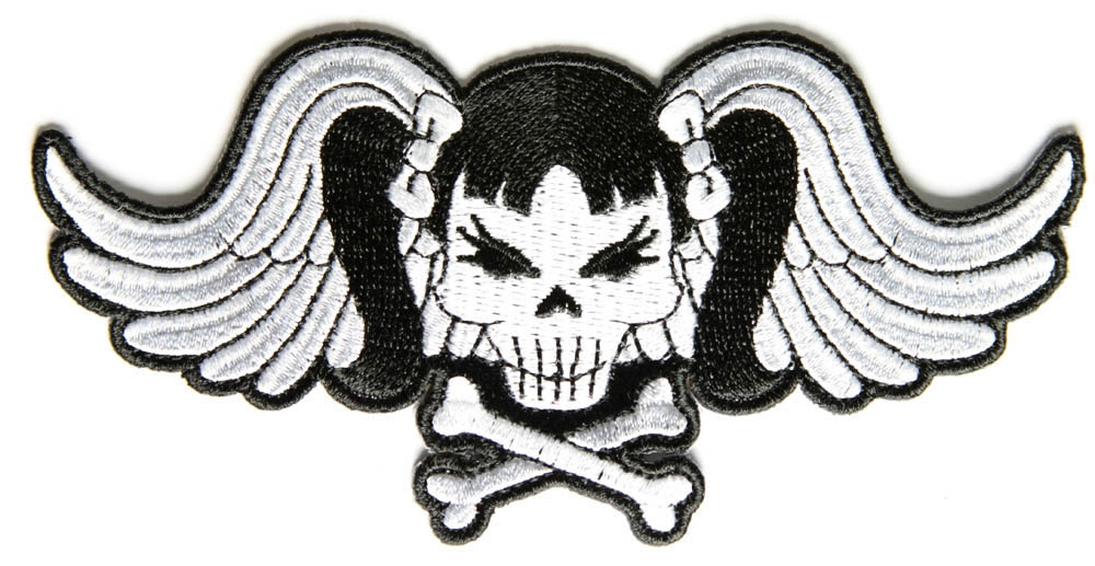 Pigtails Bow Skull and Wings Small White Patch