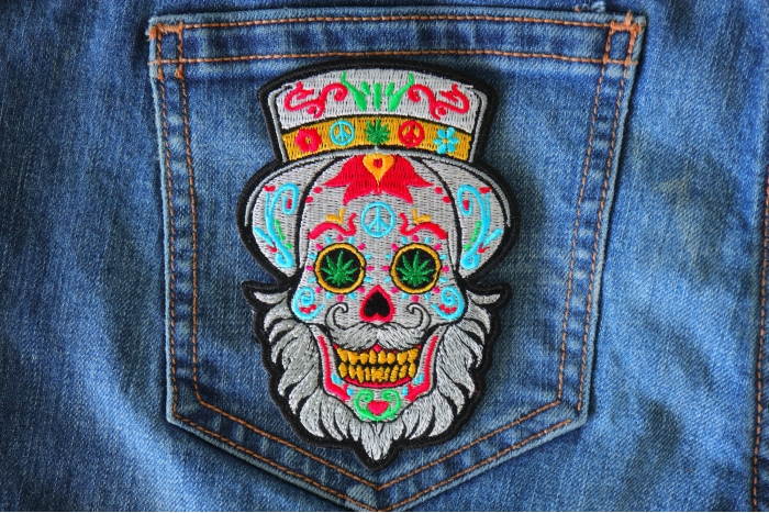 Sugar Skull with Mustache and Beard Patch shown on jeans
