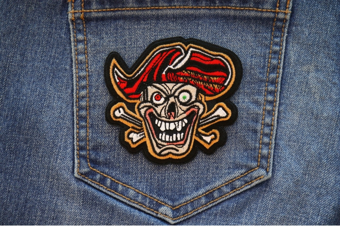 Deranged Jolly Roger Pirate Patch shown on jeans