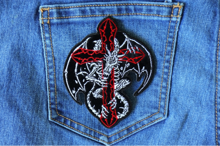 Dragon Skeleton and Cross Patch shown on jeans