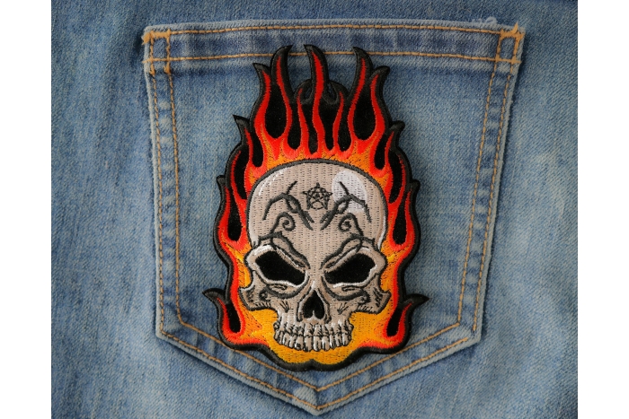 Flaming Tattoo Skull Patch shown on jeans