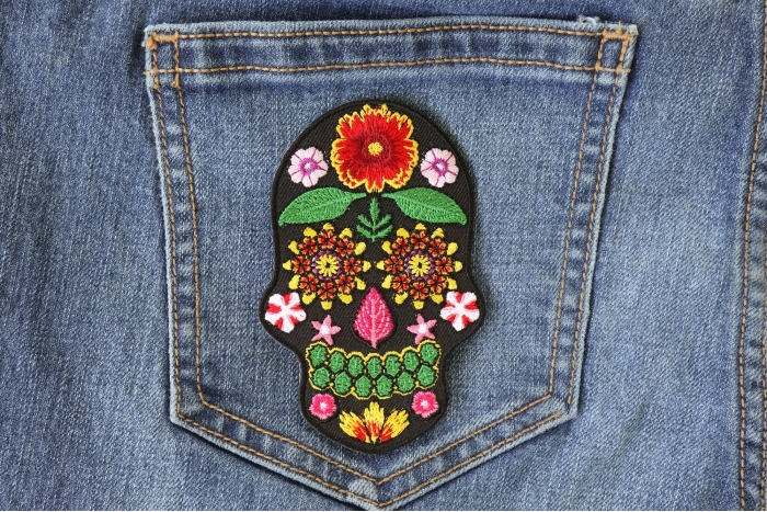 Flower Skull Patch shown on jeans
