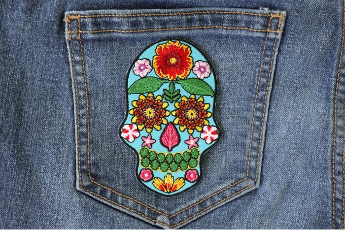 Flower Skull Patch shown on jeans