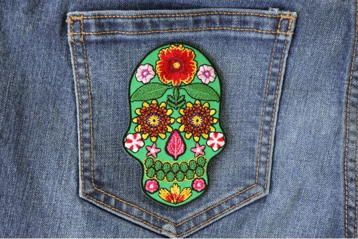 Flower Skull Patch shown on jeans
