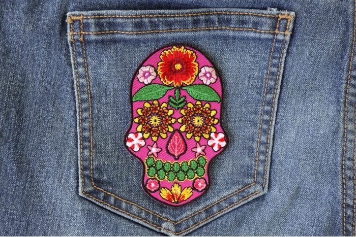 Flowered Skull Patch shown on jeans