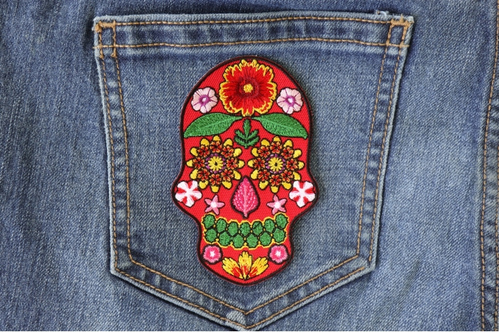 Sugar Skull Flowers Patch shown on jeans