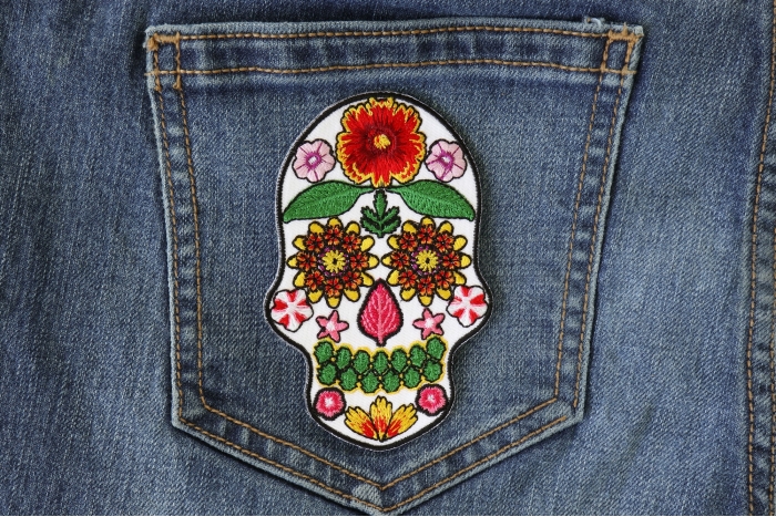 Flower Skull White Patch shown on jeans