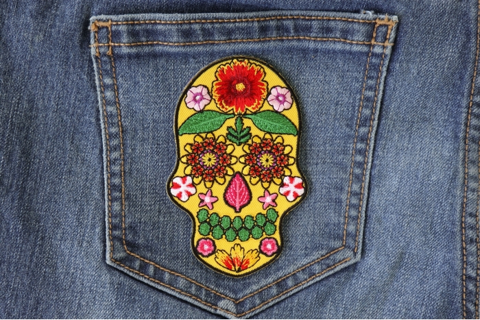 Flower Skull Patch shown on jeans