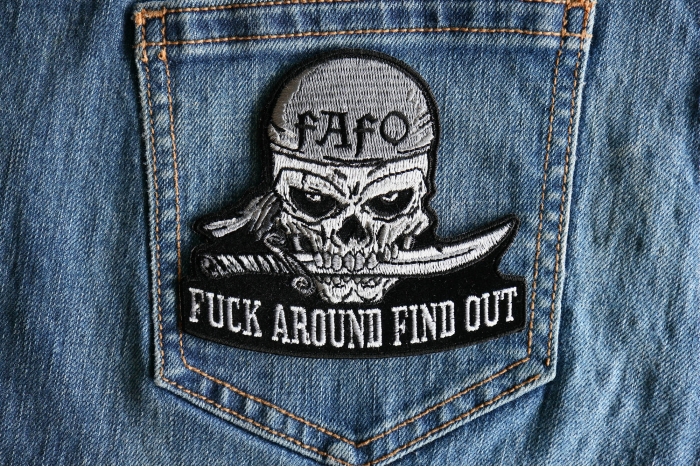 Fuck Around Find Out Skull Patch shown on jeans