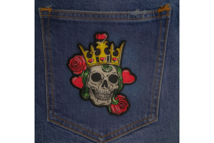 Hearts Queen Skull Patch shown on jeans