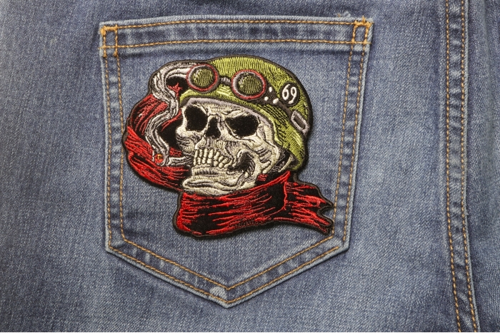Cigar Skull Motorcycle Rider Patch shown on jeans