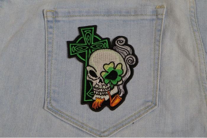 Irish Skull Cross Smoking Pipe Patch shown on jeans