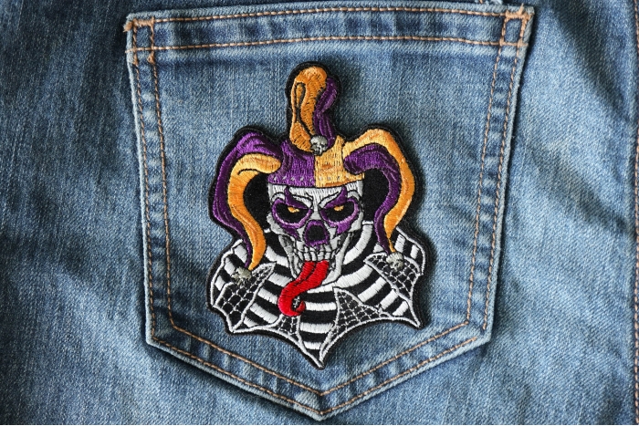 Jester Clown Skull Patch shown on jeans