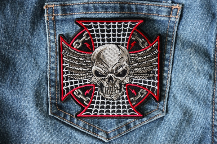 Maltese Skull Patch shown on jeans