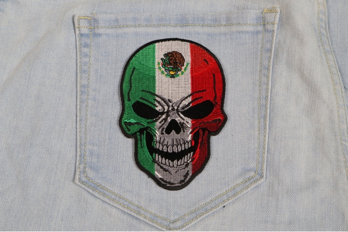 Mexican Flag Skull Patch shown on jeans
