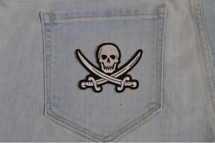 Pirate Sword Skull Patch shown on jeans