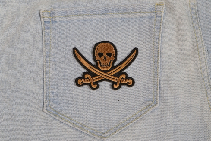 Pirate Sword Skull Patch shown on jeans