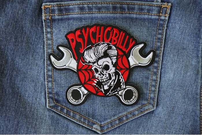 Psychobilly Skull and Wrenches Patch shown on jeans