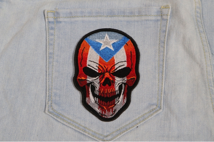 Puerto Rican Flag Skull Patch shown on jeans