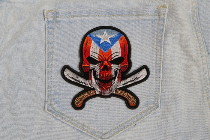 Puerto Rican Skull With Machetes Patch shown on jeans