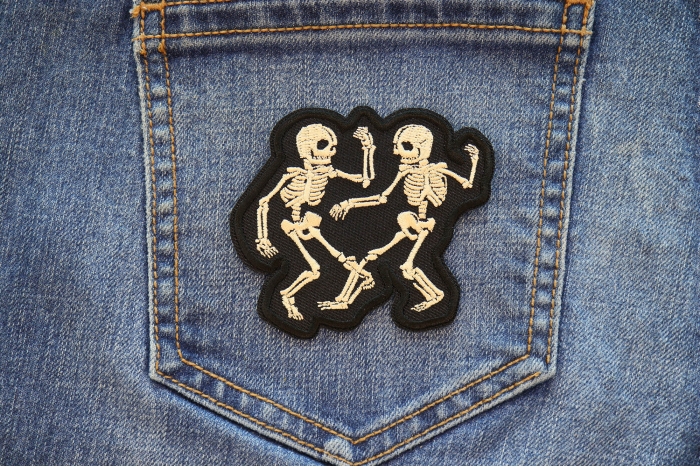 Rave Skeletons Dancing Patch shown on jeans