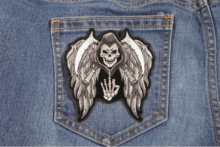 Reaper Skull Wings Middle Finger Patch shown on jeans