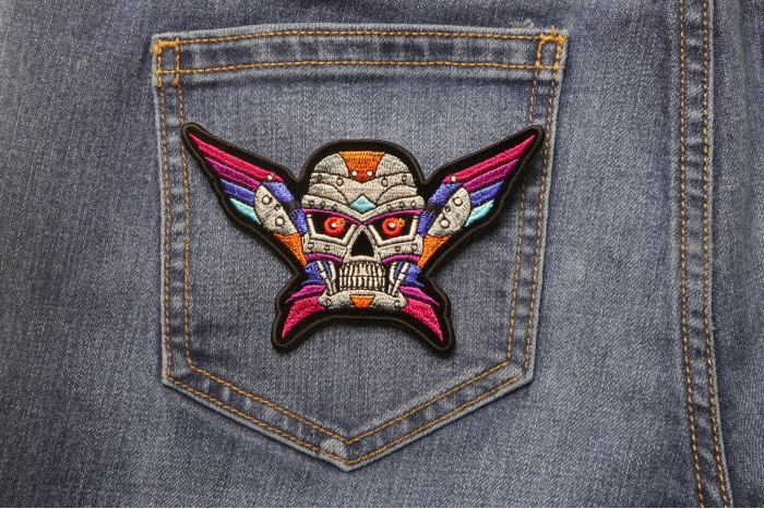 Robot Skull Patch shown on jeans