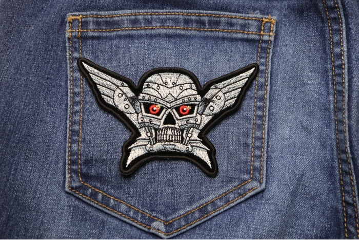 Robot Skull Patch shown on jeans