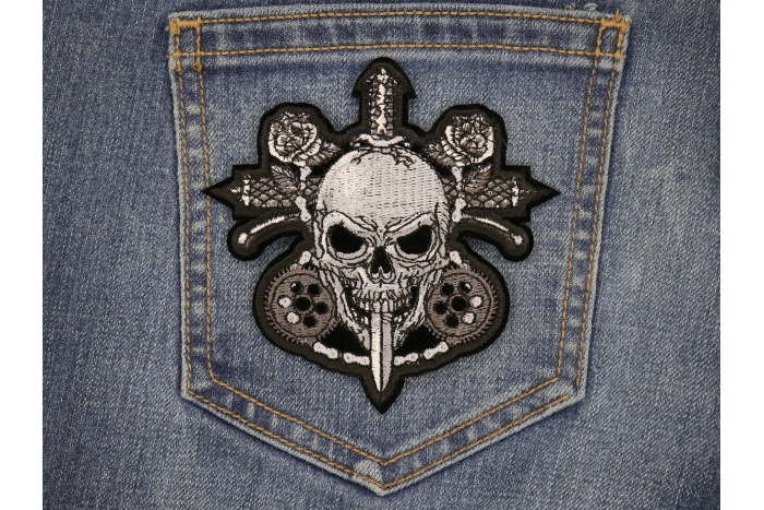 Skull and Roses Patch shown on jeans
