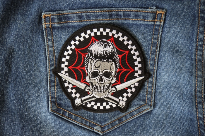 Elvis Hair Skull, Web and Switchblades Patch shown on jeans