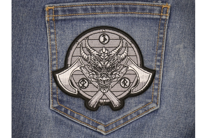 Viking Dragon and Axes Patch shown on jeans