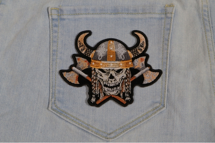Viking Warrior Axes Skull Patch shown on jeans