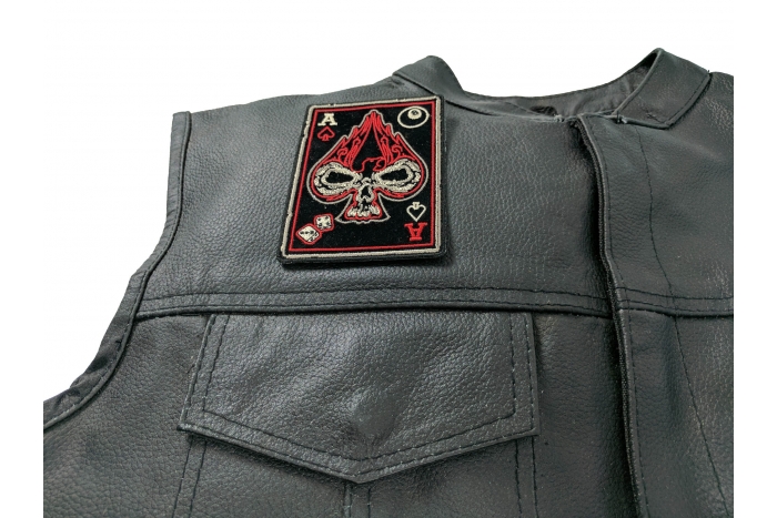 Ace Of Spades Skull Patch, Biker Skull Patches shown on leather vest