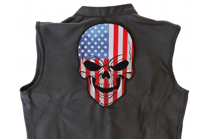 American Flag Skull Patch, Large Skull Patches for Biker Jackets shown on leather vest