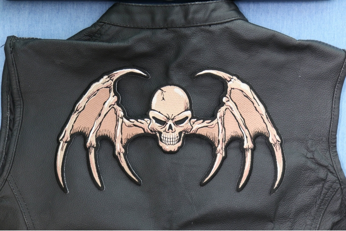 Bat Wings Skull Patch, Large Skull Patches for Back of Vests shown on leather vest