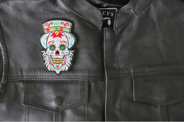 Sugar Skull with Mustache and Beard Patch, Biker Skull Patches shown on leather vest