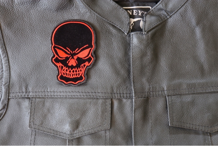 Red Skull Patch, Biker Skull Patches shown on leather vest