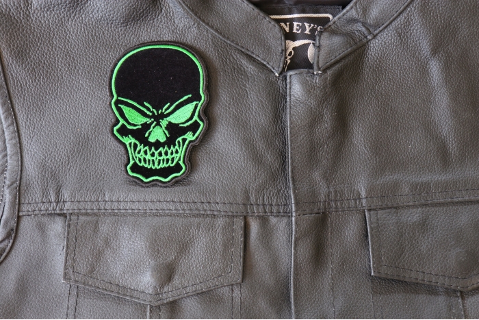 Green Skull Patch, Biker Skull Patches shown on leather vest