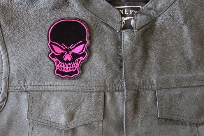Pink Skull Patch, Biker Skull Patches shown on leather vest