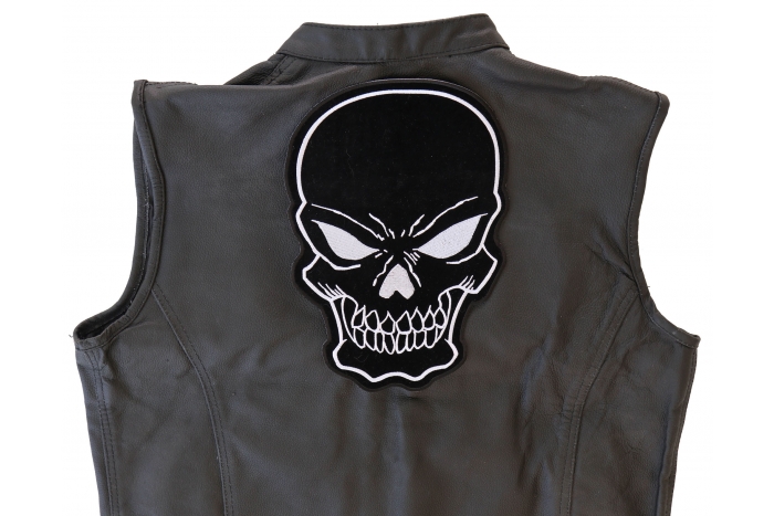 Black Skull Patch, Large Skull Patches for Biker Jackets shown on leather vest