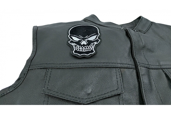 Black Skull Patch, Biker Skull Patches shown on leather vest