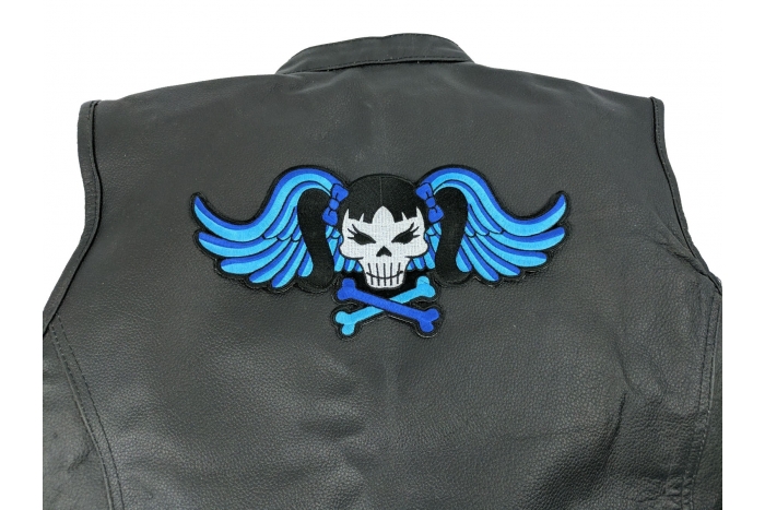 Pigtails Bow Skull and Wings Large Blue Patch - Iron on Patch - 10x5 inch shown on leather vest