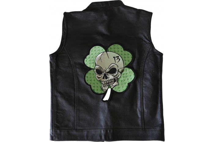 Clover Skull Patch, Large Skull Patches for Back of Vests shown on leather vest