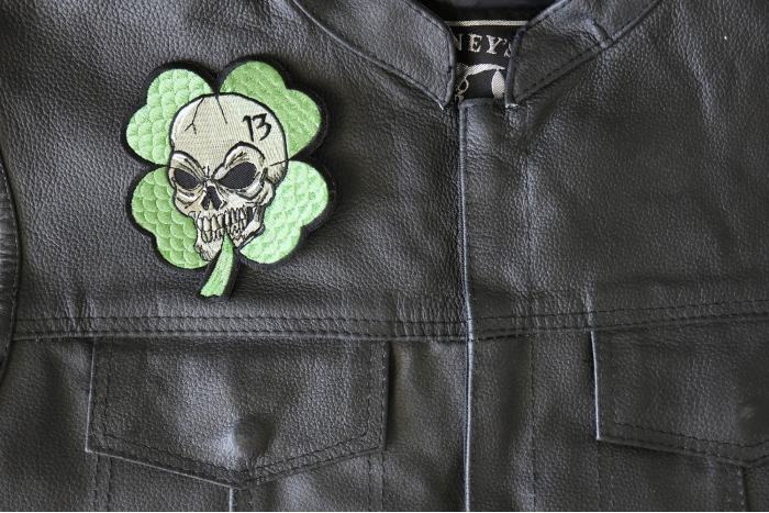 Clover Skull Patch, Biker Skull Patches shown on leather vest