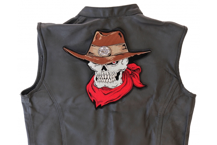 Red Scarf Cowboy Skull Patch, Large Skull Patches for Biker Jackets shown on leather vest