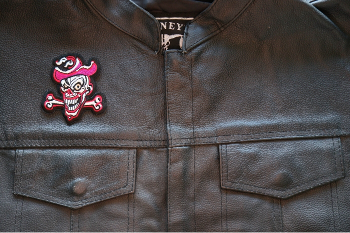 Crazy Skull and Bone Patch, Skull Patches shown on leather vest
